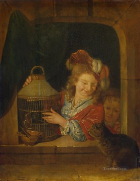 Kinder mit einem Käfig und einem Cat Ölgemälde